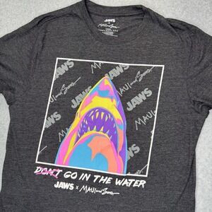 JAWS X Maui And Sons Graphic Shark T-Shirt Size Large Neon Surf Movie Tee Grey